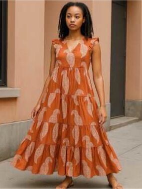 Wonderly Women’s Rust Paisley Tiered Maxi Dress Size Medium